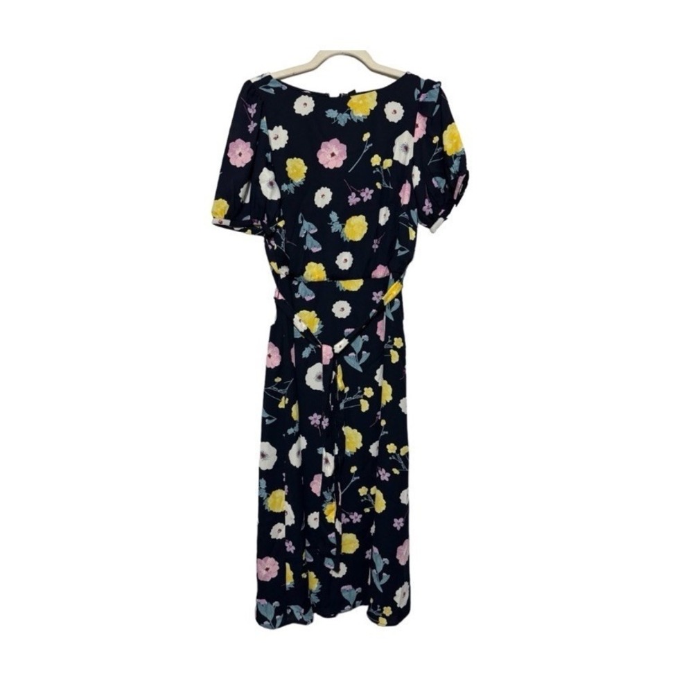 Ann Taylor Navy blue floral puffed sleeve lined Dress Sz 6 Modest neckline